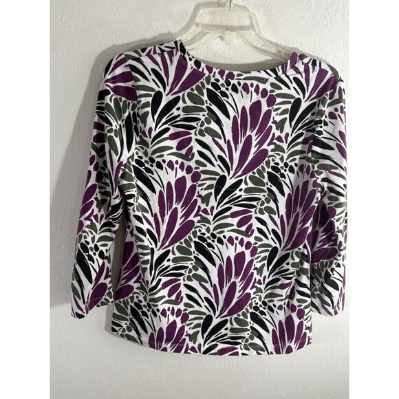 Chicos White Purple Olive Floral 3/4 Sleeve V-Neck Cotton Woman Sz 1 Medium Top - Picture 2 of 13